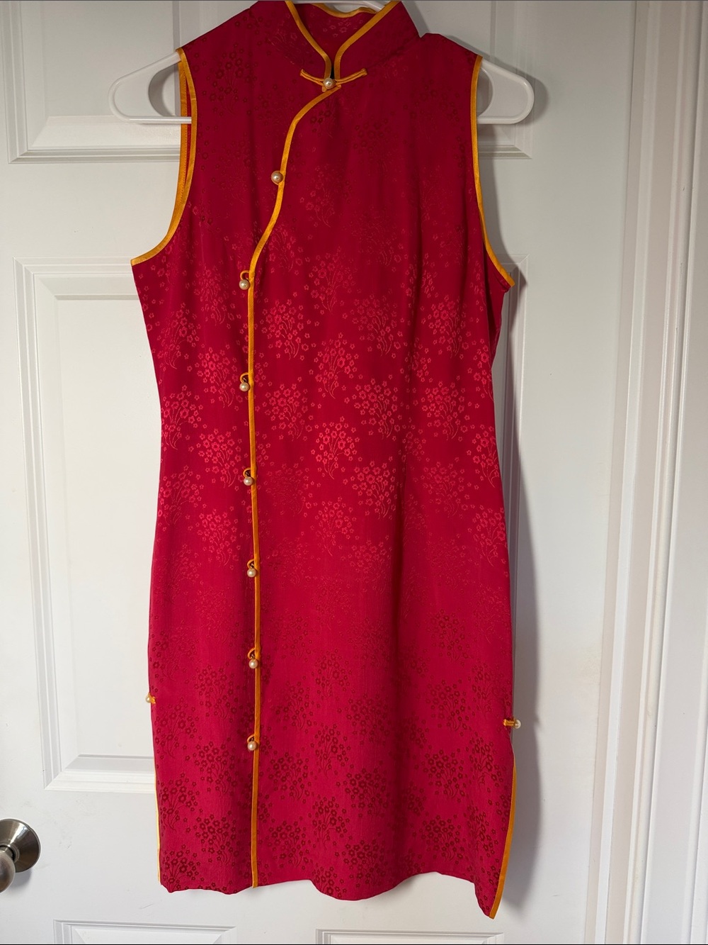 Red Mandarin-Style Sleeveless Midi Dress with Yellow Trim